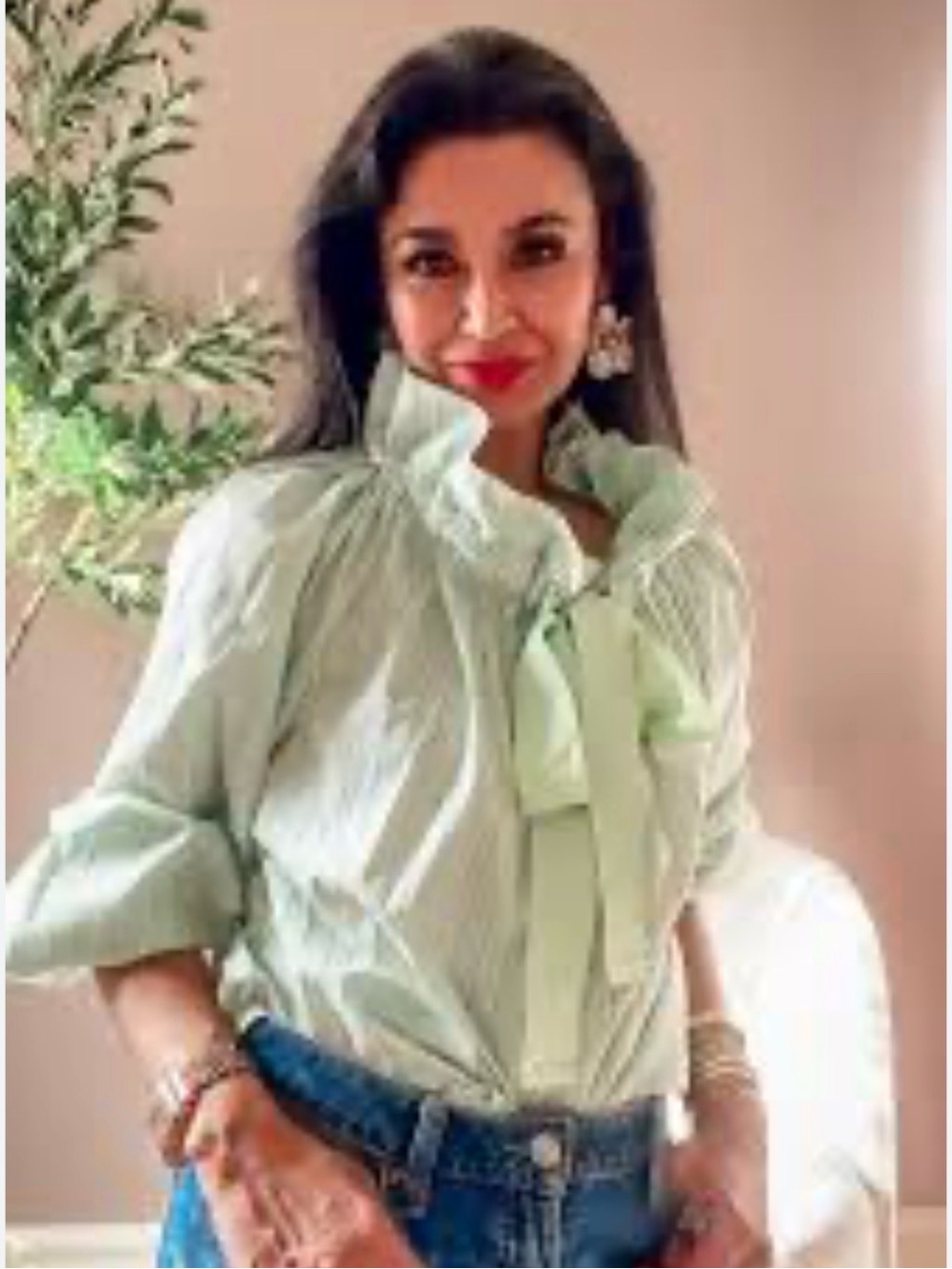 Ruffled Tie-Neck Blouse in Light Mint Green